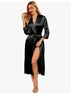 Black Satin Long Robe with Waist Tie